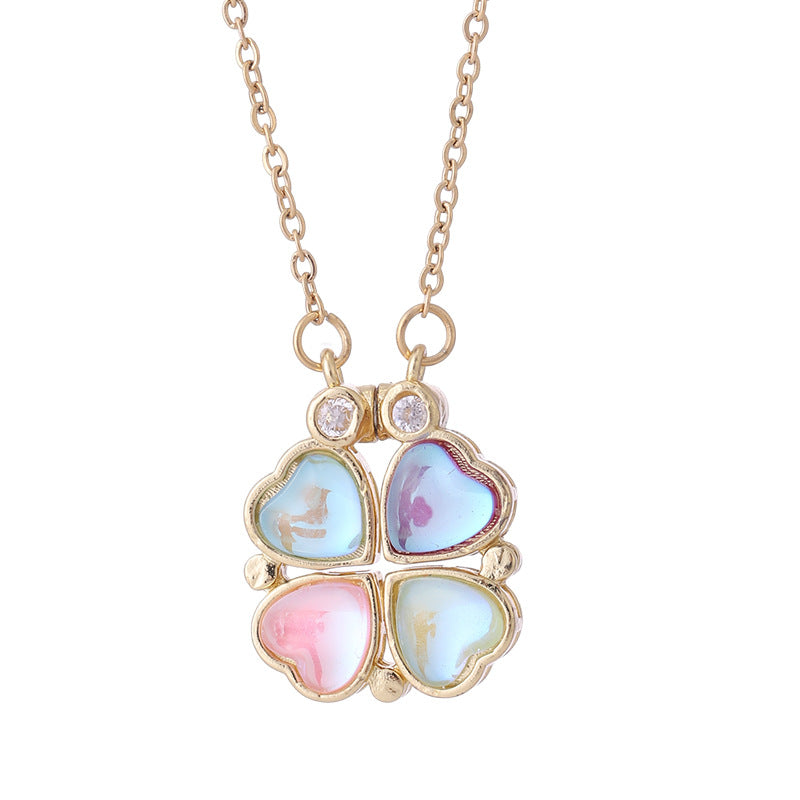 Collar Trebol Cuatro Corazones  OPAL CAT EYE